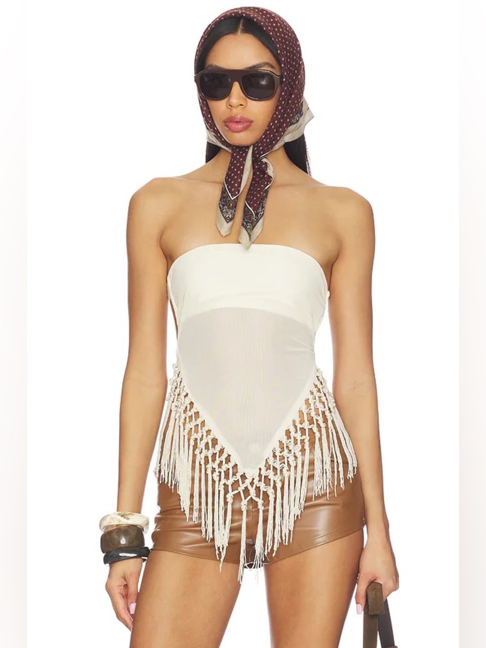 MORE TO COME X REVOLVE Shion Strapless Cream Fringe Top size S NEW